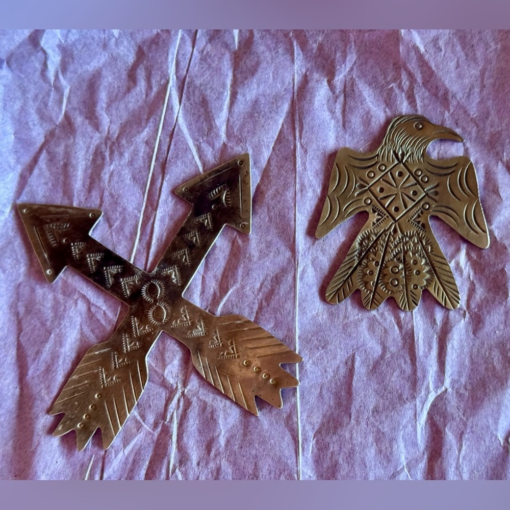 2 Vintage Native American Silver Pieces Eagle Arrows Crossing Signed VR
